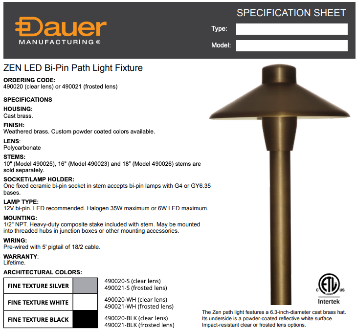 A specification sheet for a zen led bi-pin path light fixture