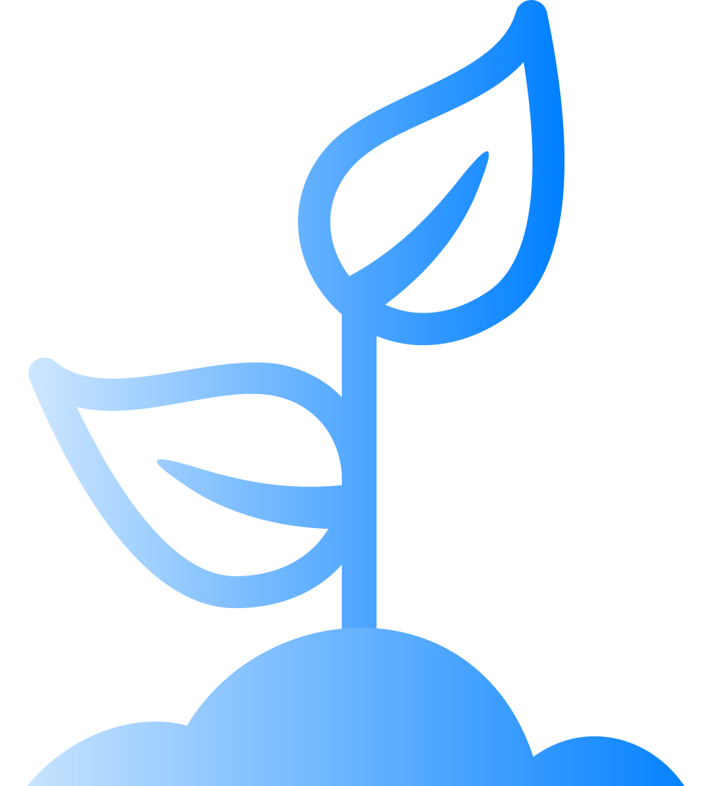 A blue icon of a plant growing out of the ground.