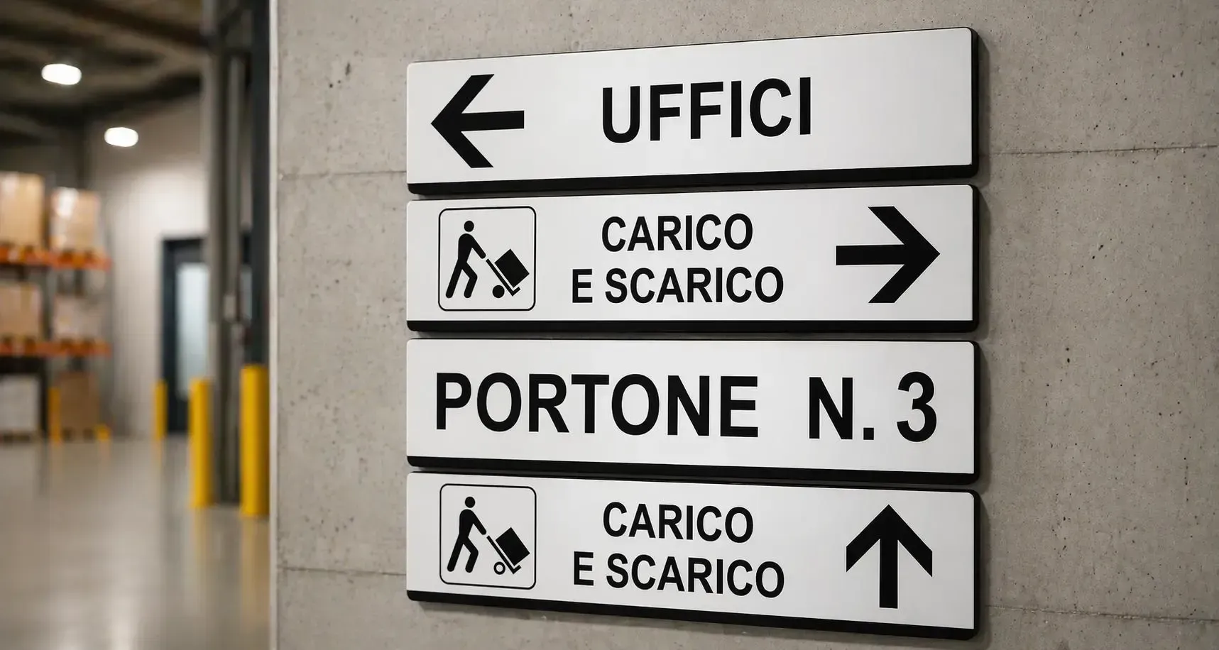 Segnaletica direzionale italiana per magazzini, con indicazioni per uffici e aree di carico/scarico, frecce e la dicitura 