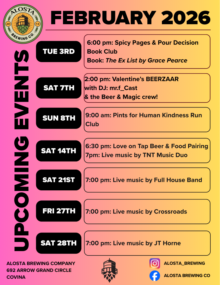 February 2026 events at Aldeta Brewing Company: book club, beer events, live music, and a run club.