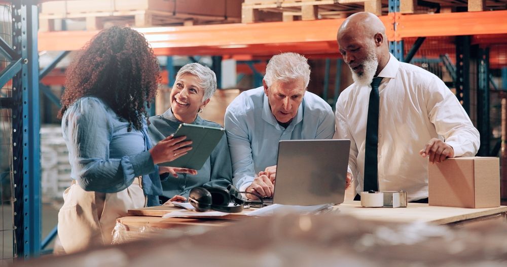Four people in warehouse: woman with papers, people looking at laptop and boxes on table.