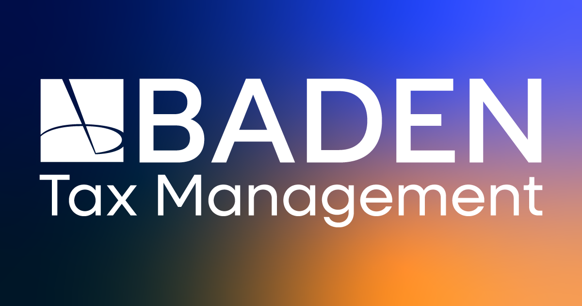 A logo for Baden Tax Management featuring white text on a blue to orange gradient background with a geometric icon.