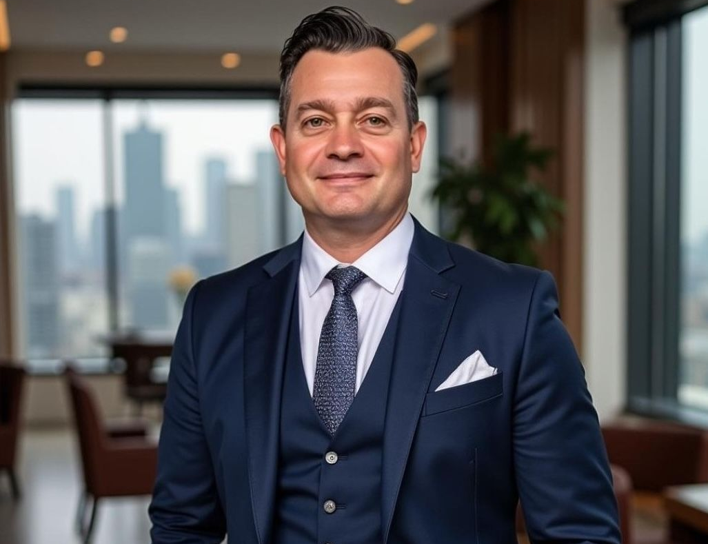 Man in a navy suit standing in a modern office — URO - Urology Specialists in Double Bay, NSW