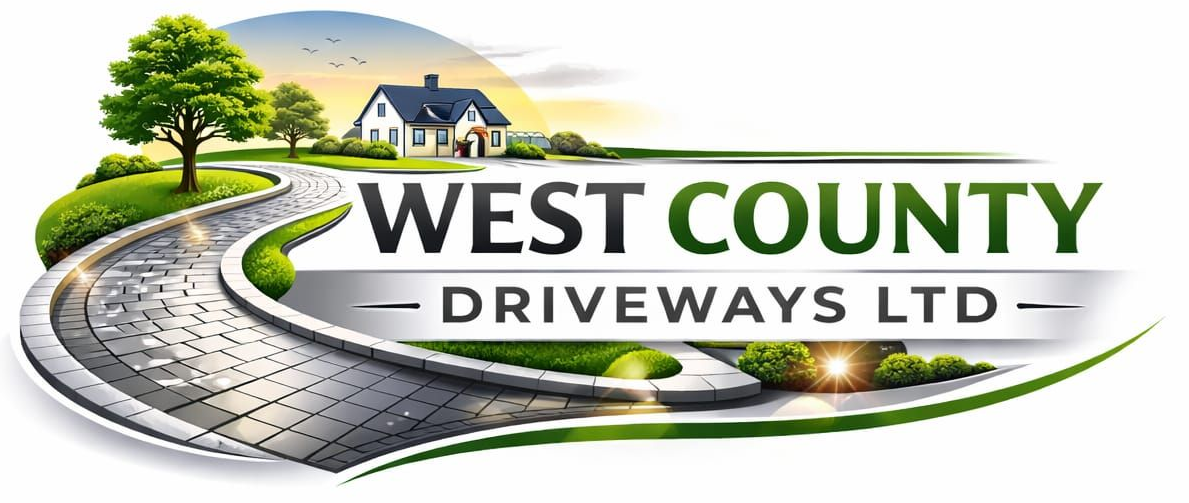 Logo for West County Driveways, featuring a winding driveway leading to a house in a green landscape.