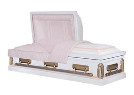 White casket with pink interior, lid partially open, brass hardware.