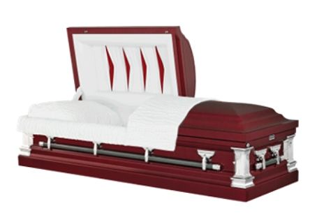 Open mahogany casket with white interior, silver handles, and raised head.