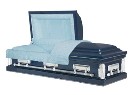 Blue casket with open lid, light blue interior, silver hardware.