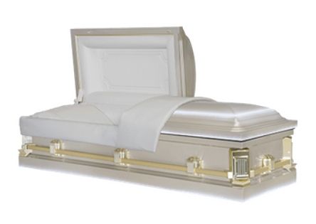 Open, light-colored casket with gold hardware and white interior.