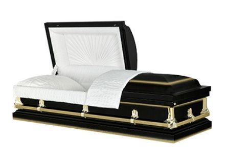 Black coffin with open lid, gold trim, and white interior.