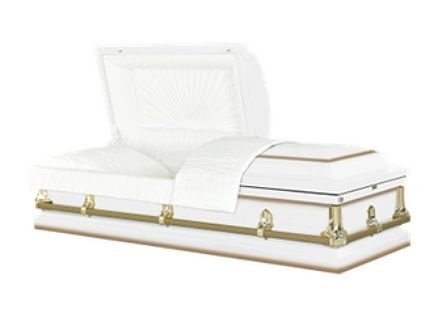 White open casket with gold hardware and interior lining.