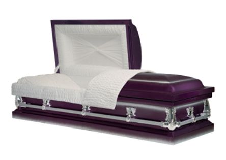 Purple casket with white interior, open lid. Silver handles.