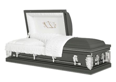 Gray casket with open lid, white interior bedding.