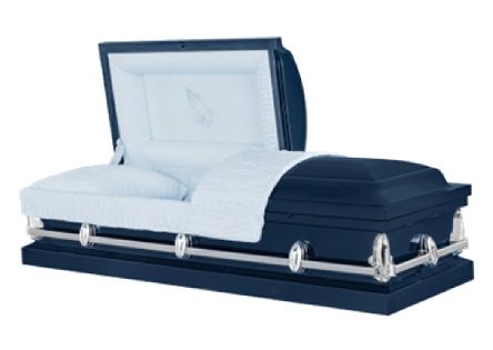 Blue casket with open lid, white interior, silver handles.