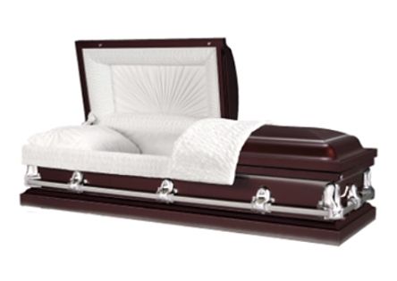 Open mahogany casket with white interior.