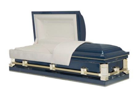 Blue and gold casket, partially open, with white interior lining.