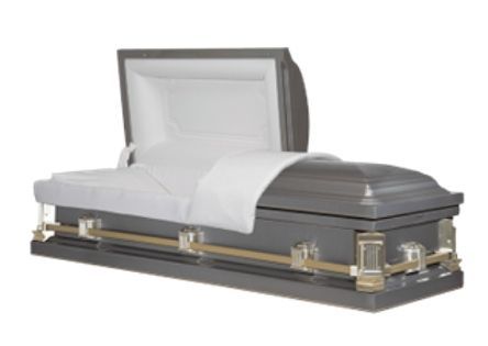 Gray casket with gold handles, interior open showing white fabric.