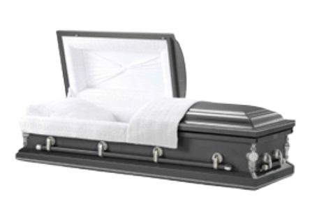 Dark gray casket with open lid, white interior, silver handles.