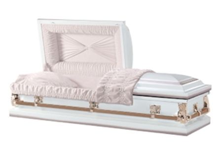 White open casket with pink interior, gold hardware, on a white surface.
