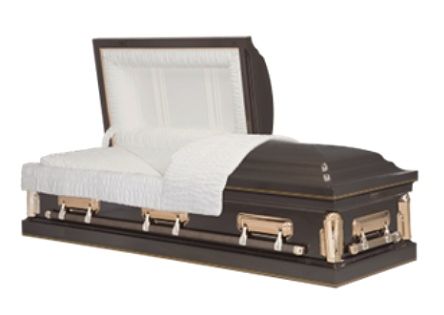 Dark brown casket with bronze hardware, lid partially open, white interior.