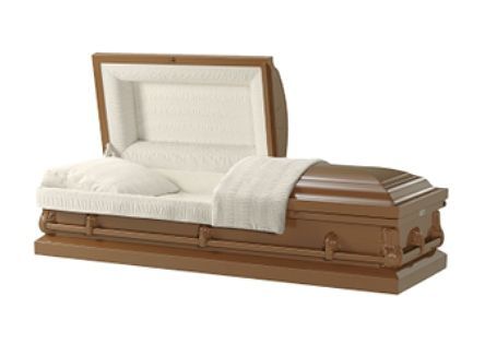 Open brown casket with white interior and bedding.