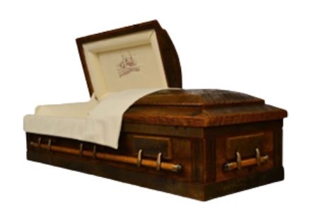 Wooden casket with open lid, cream-colored interior, bronze handles.