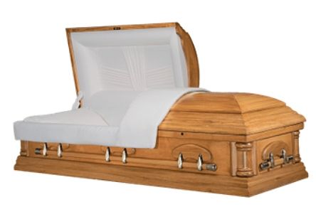 Open wooden coffin, lined in white, with a partial open lid, and silver handles.