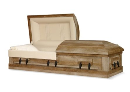 Open wooden casket, light interior, top lid partially open, hardware details visible.