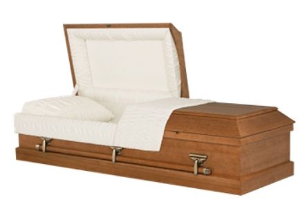 Wooden casket with white interior, partially open.
