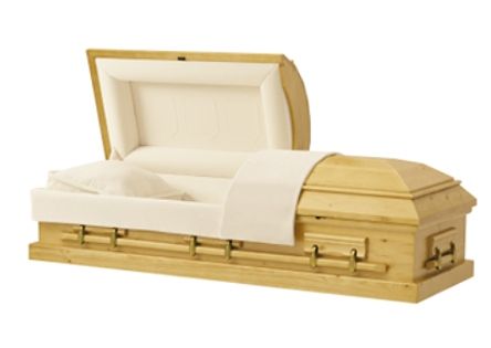 Open, wooden casket with light-colored interior; gold hardware.