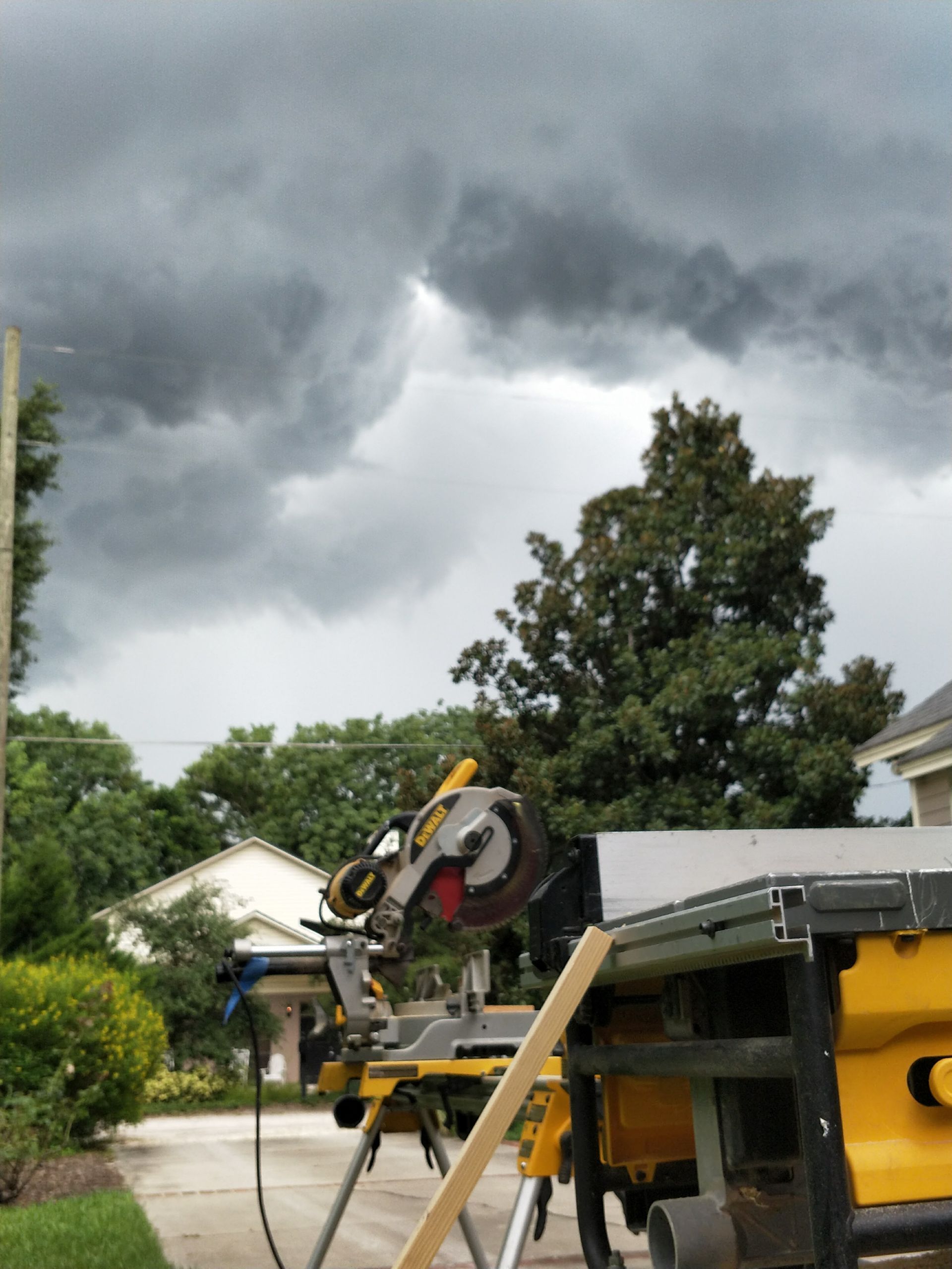 A table saw is sitting in front of a cloudy sky