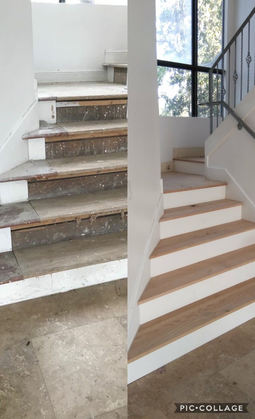 A before and after photo of a staircase with wooden steps.