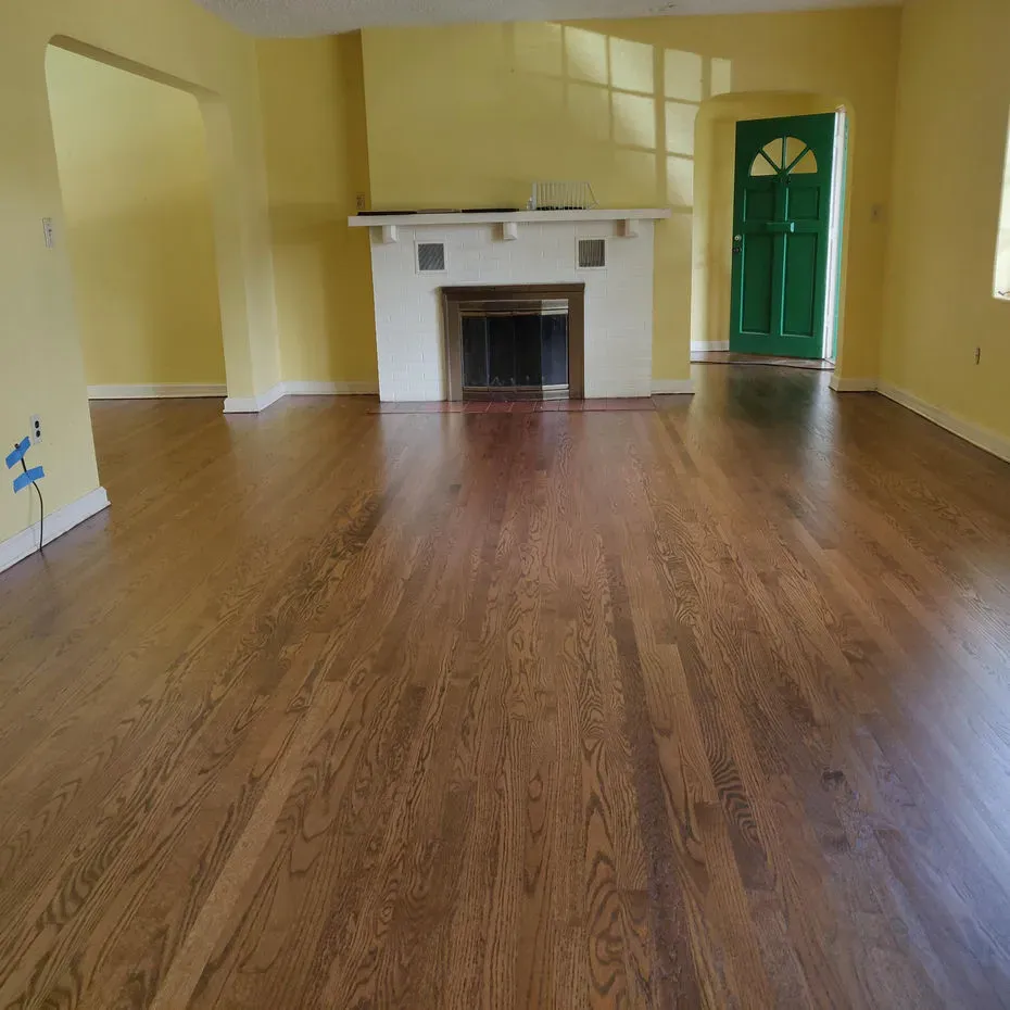 A living room with a fireplace and a green door