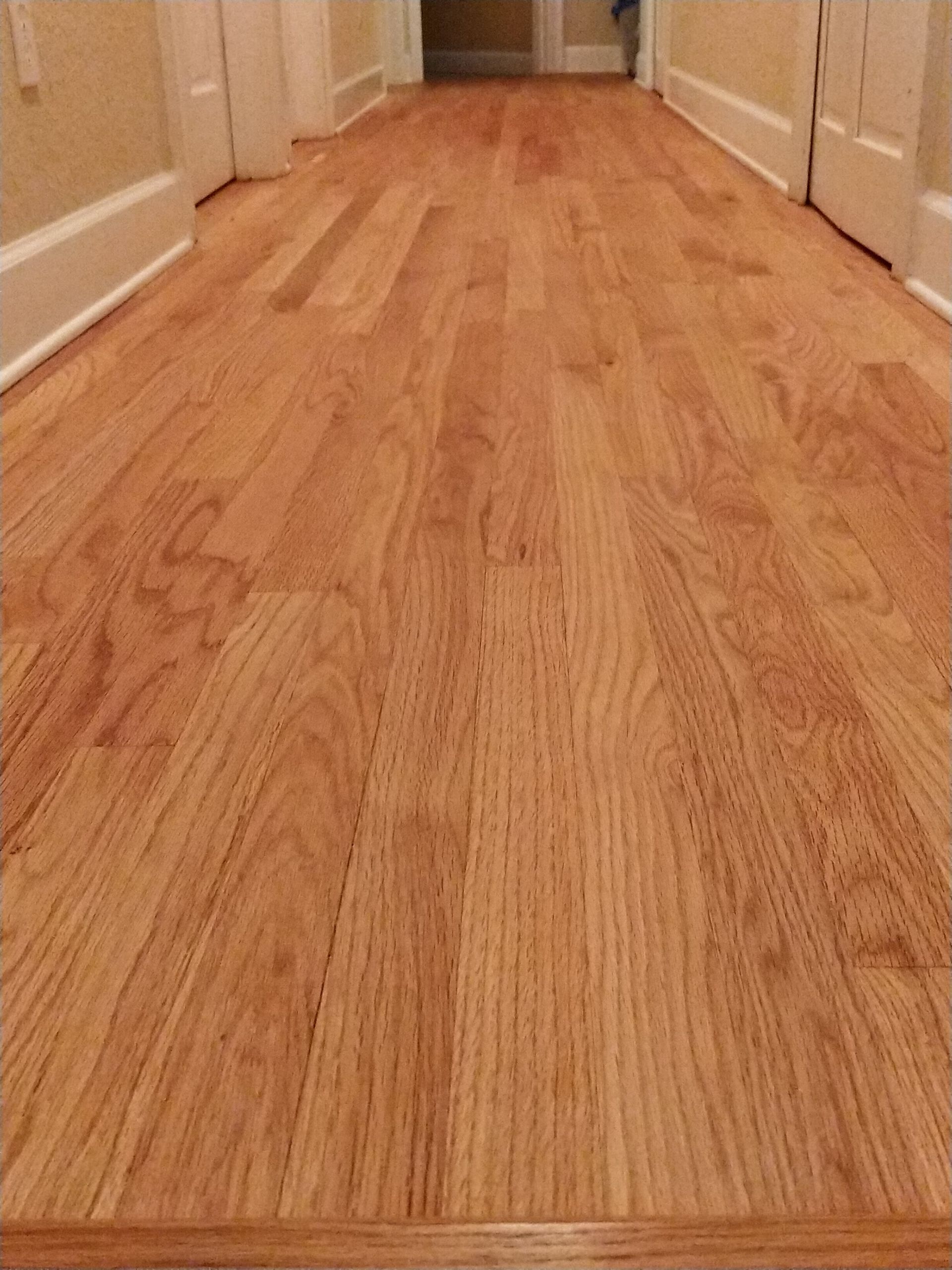 A hallway with a wooden floor and white trim