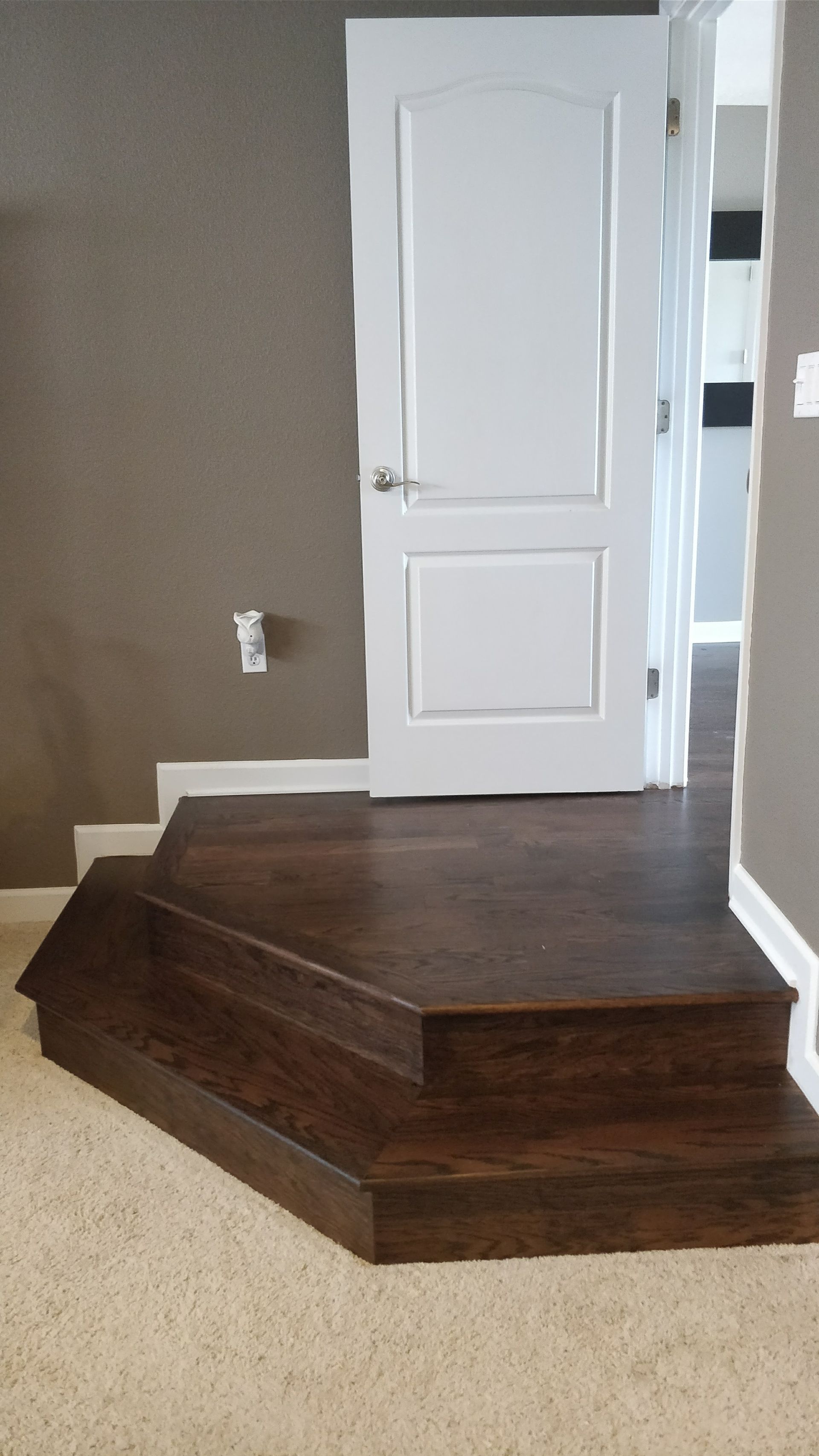 Wooden floor and stairs leading to a door.