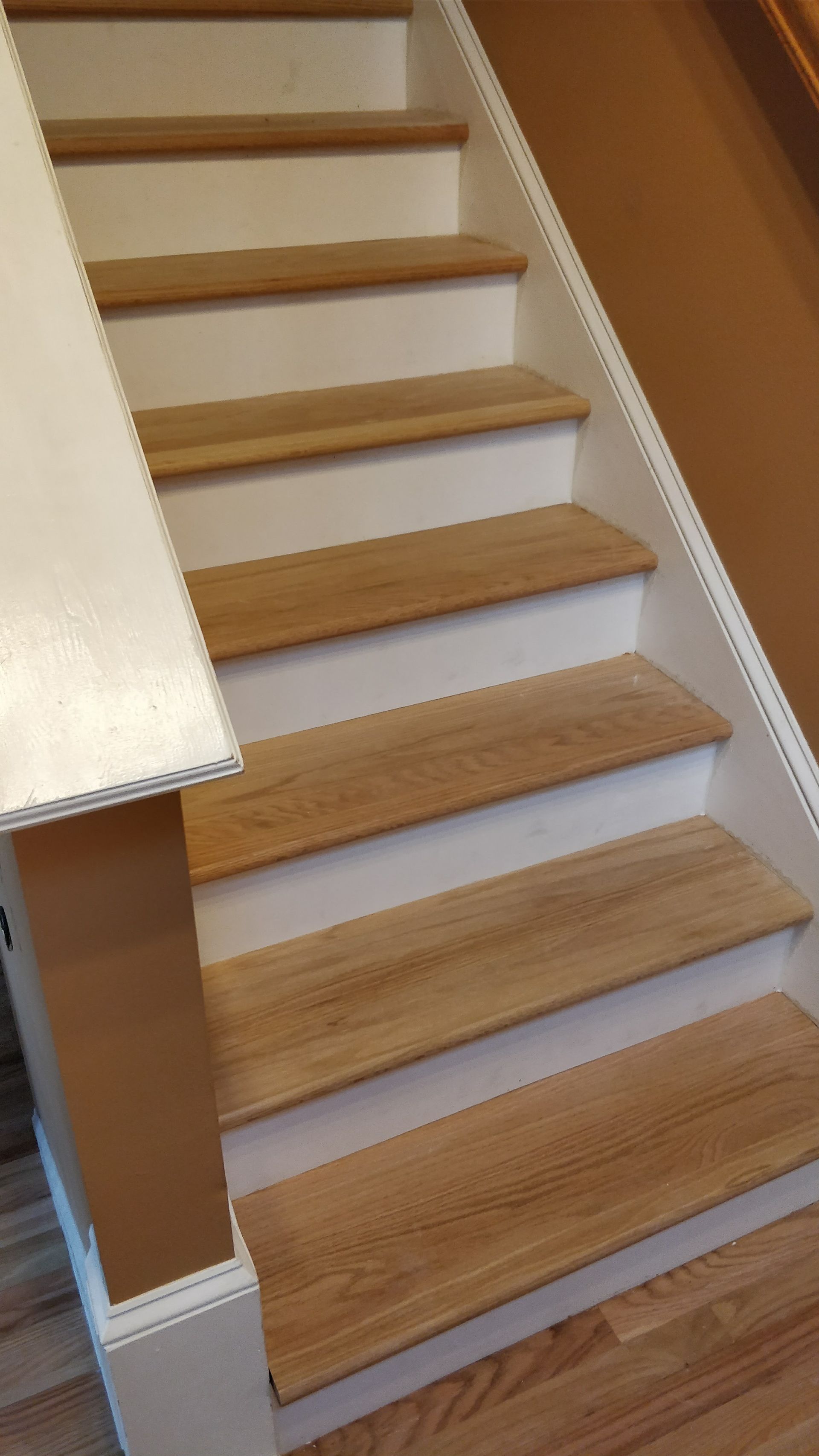 A staircase with wooden steps and white railing in a house