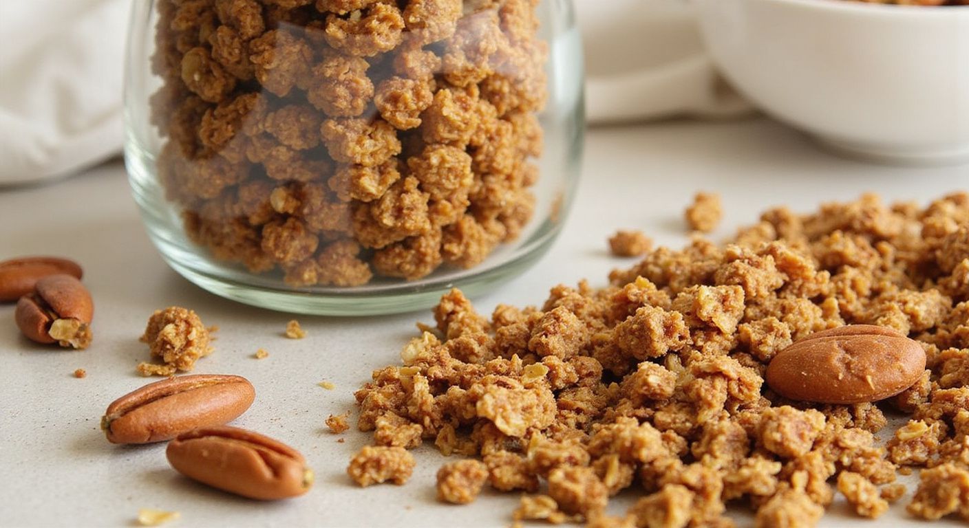 Granola with nuts spilling from a glass jar, with a white bowl and tablecloth.