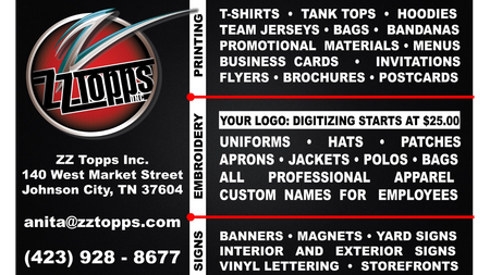 Business card for ZZ Topps, Inc., offering printing, embroidery, and signs. Includes contact info, logo, and services list.