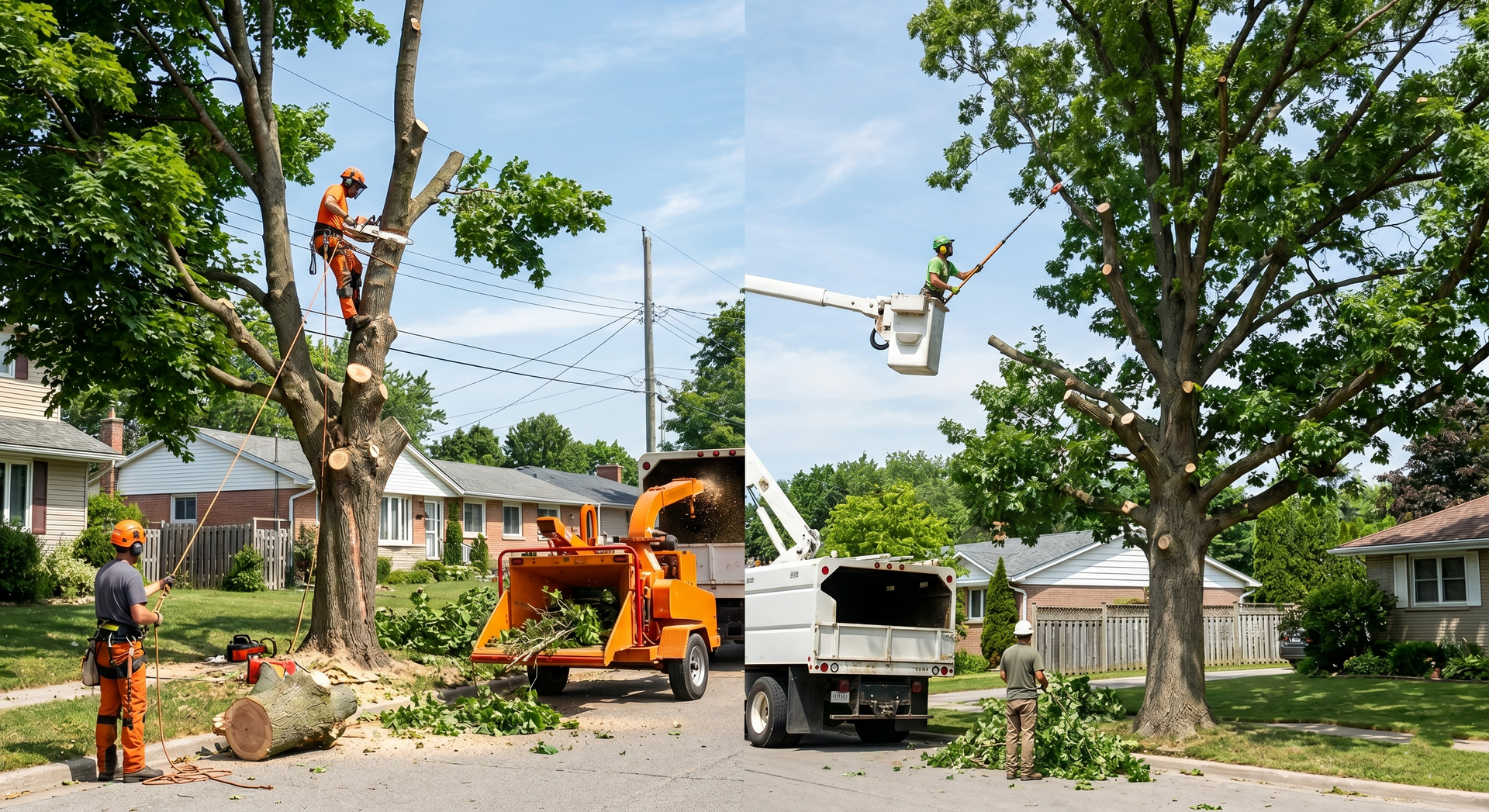 Tree crew trimming branches beside a white bucket truck on a residential street