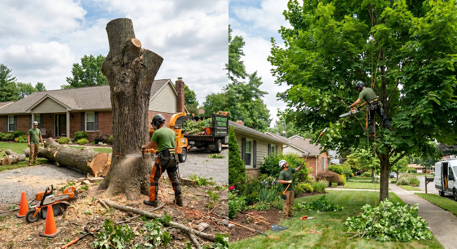 Tree removal crew cutting a large tree beside a suburban house, with debris and equipment on the lawn