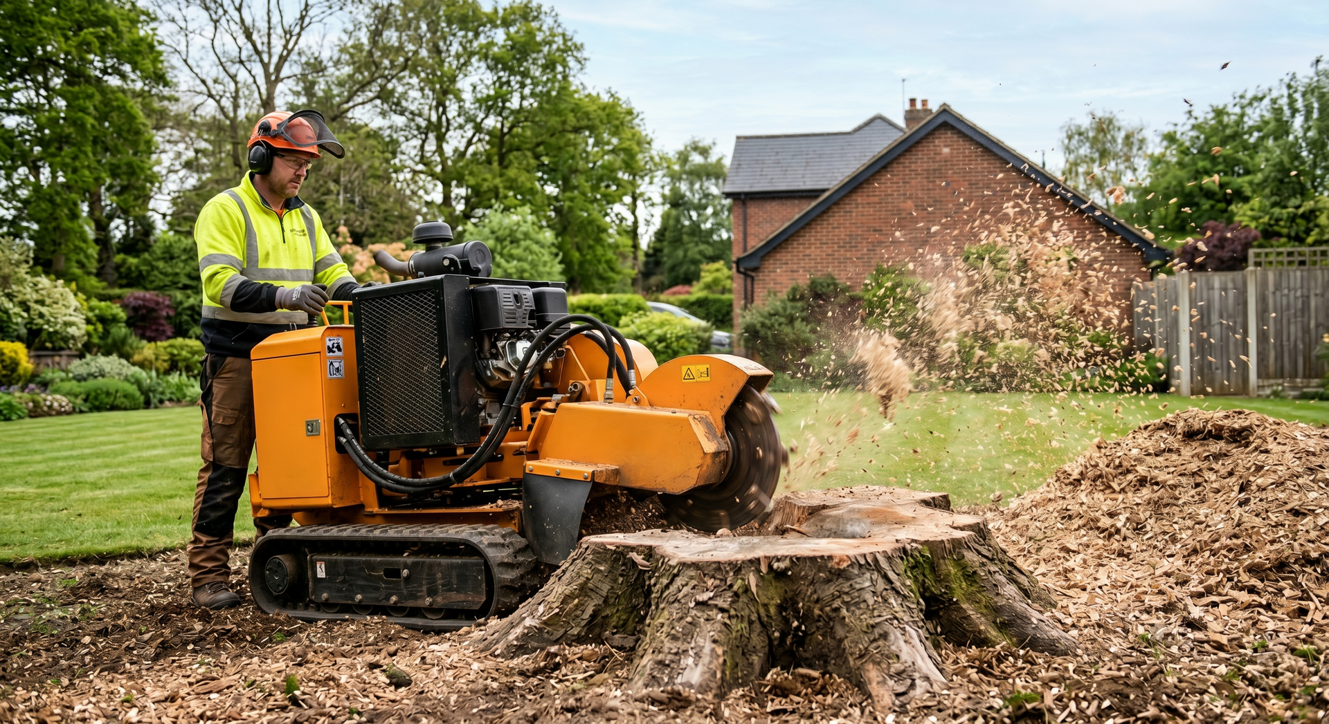 Worker operating orange stump grinder on a large tree stump in a grassy yard near a house