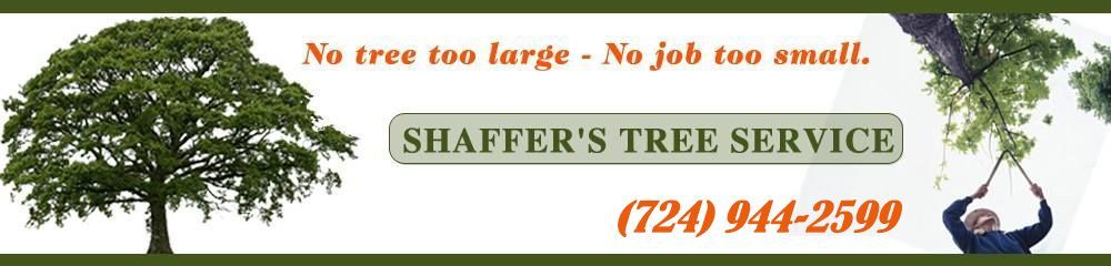 Shaffer's Tree Service banner with a tree and a person pruning branches. Includes a phone number.