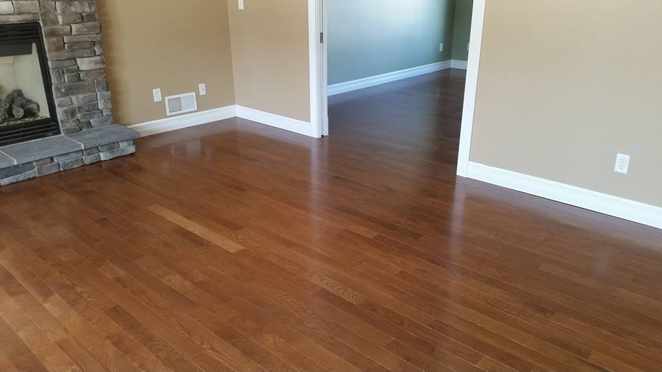 A living room with hardwood floors and a fireplace.