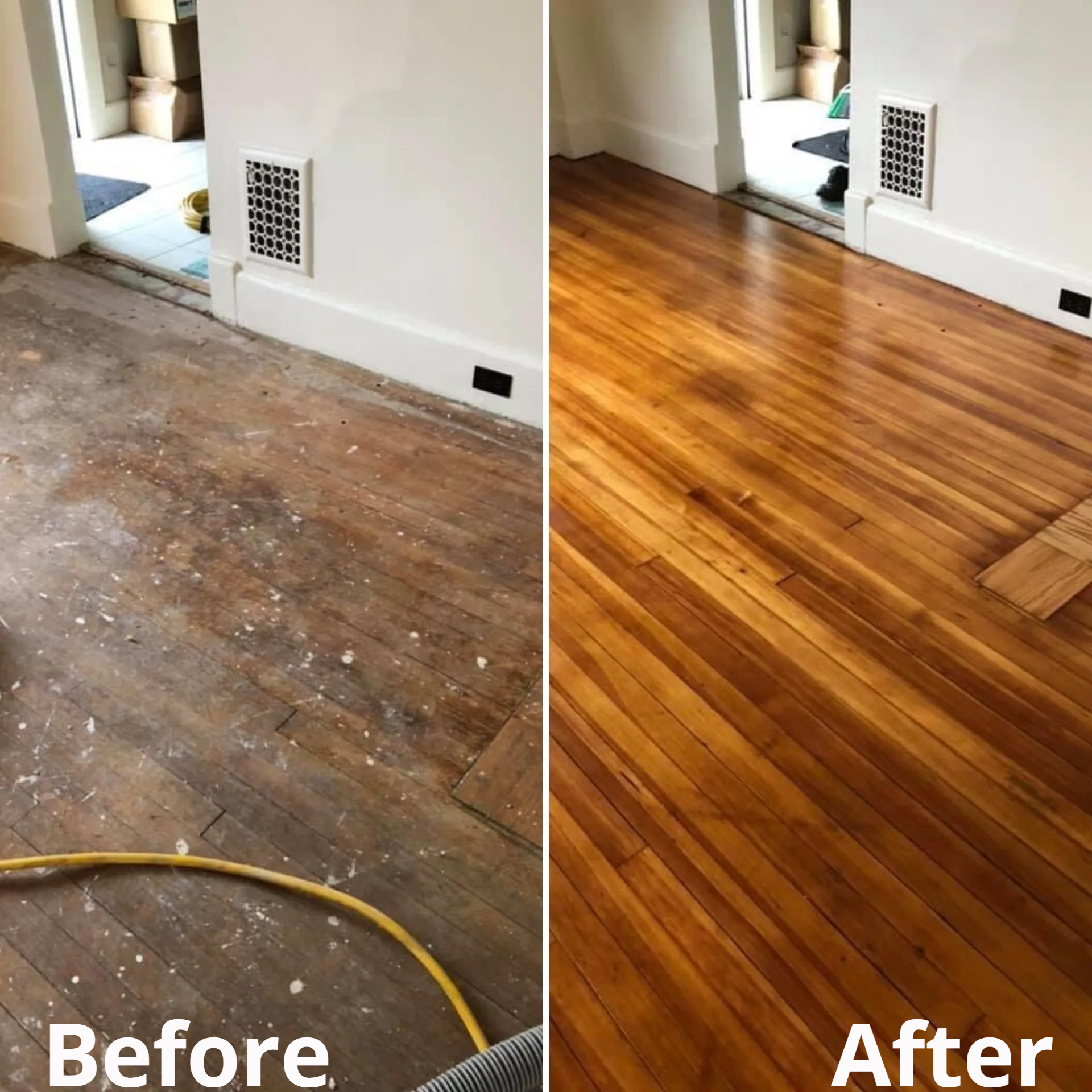 A before and after photo of a wooden floor