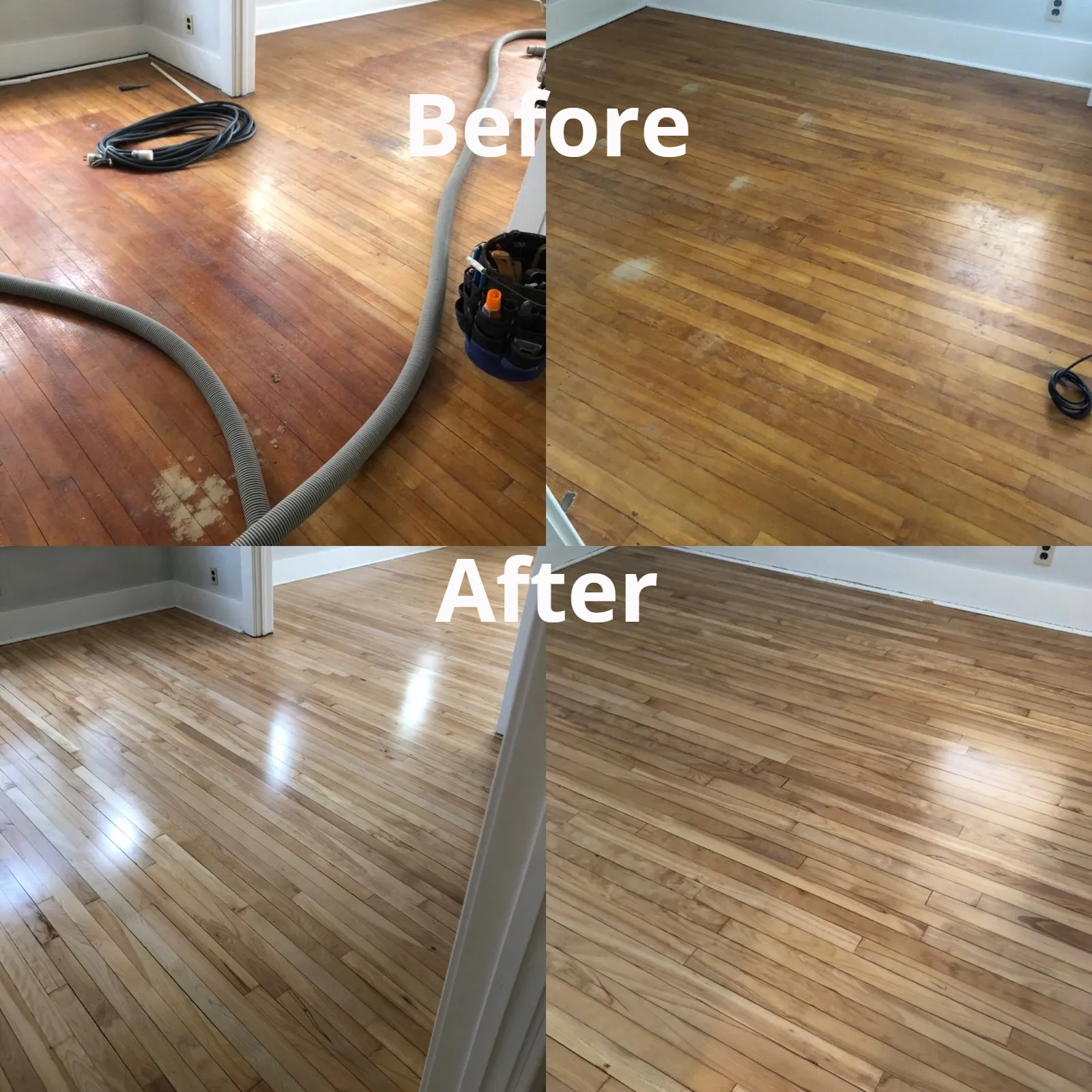 A before and after photo of a wooden floor