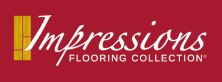 The impressions flooring collection logo is on a red background.