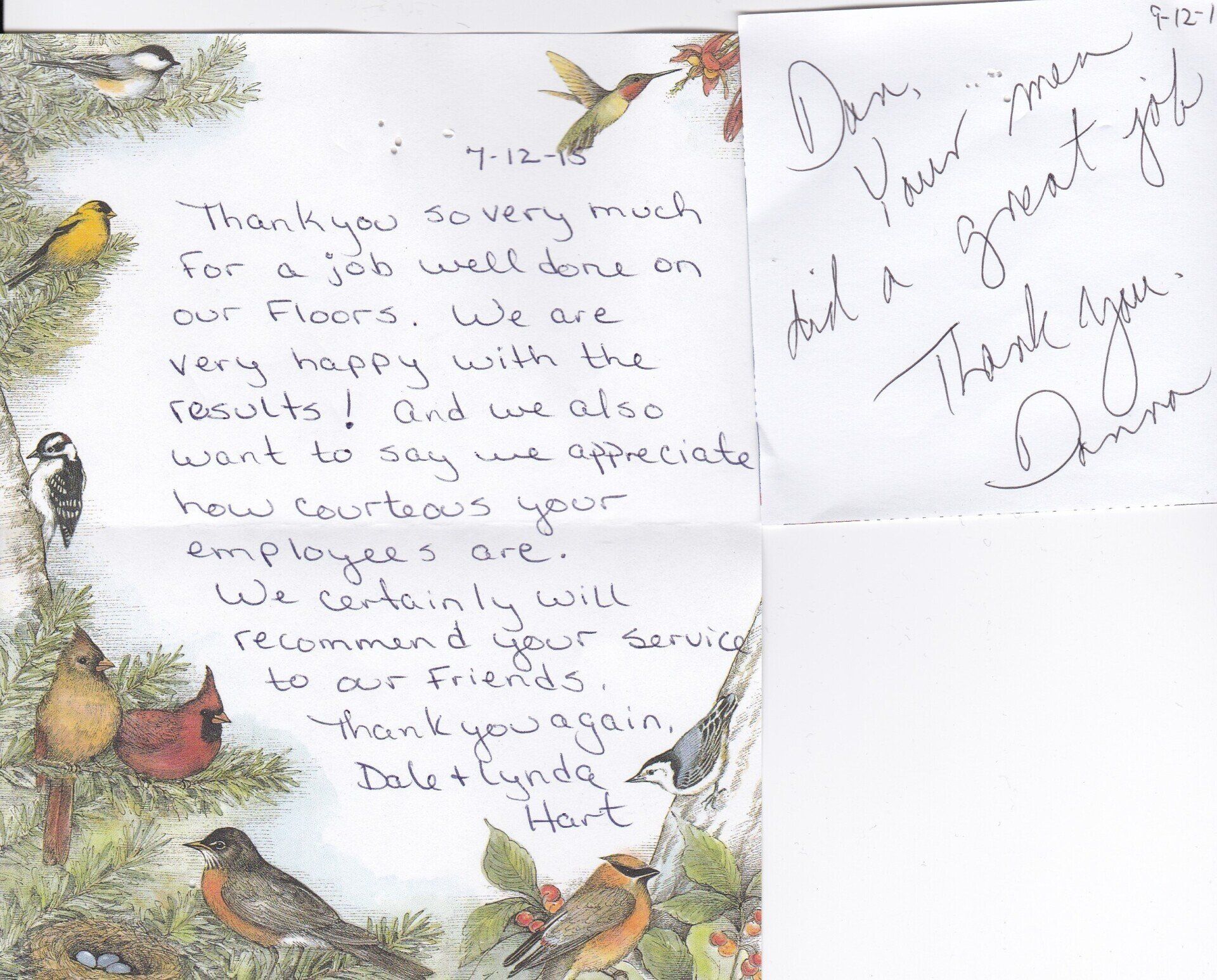 A thank you letter with a picture of birds on it