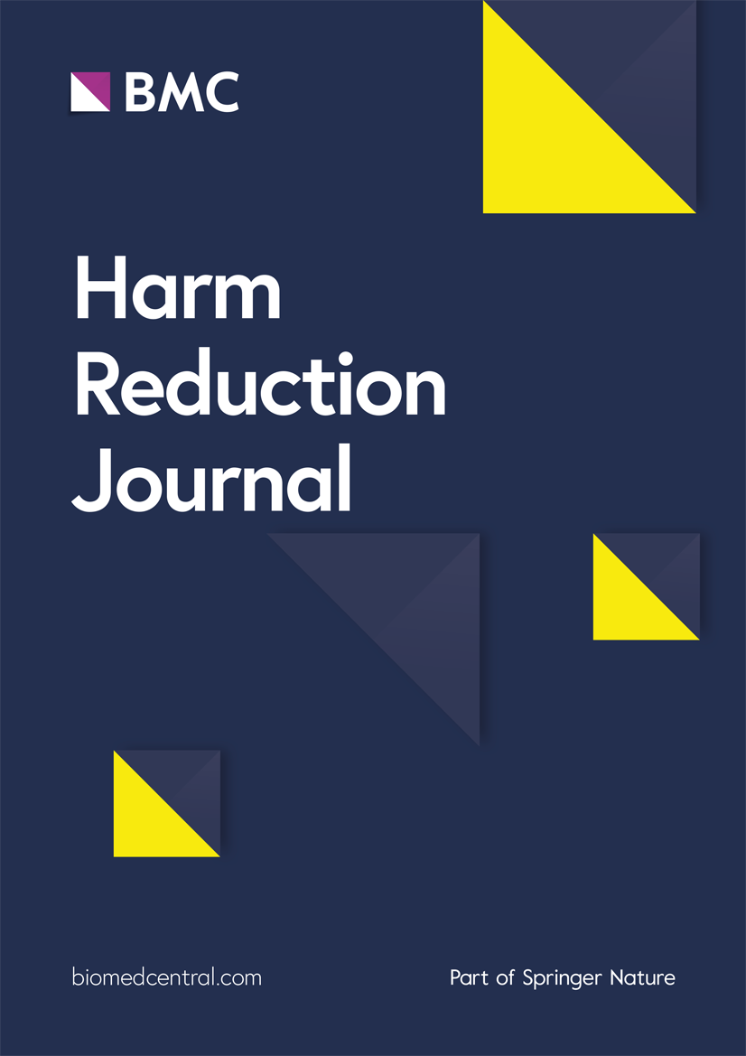 Cover of the Harm Reduction Journal by BMC, featuring a dark blue background with abstract yellow and blue triangles.
