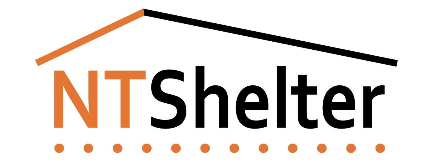 The logo for NT Shelter, featuring the text in orange and black topped by a roof icon, with orange dots underneath.