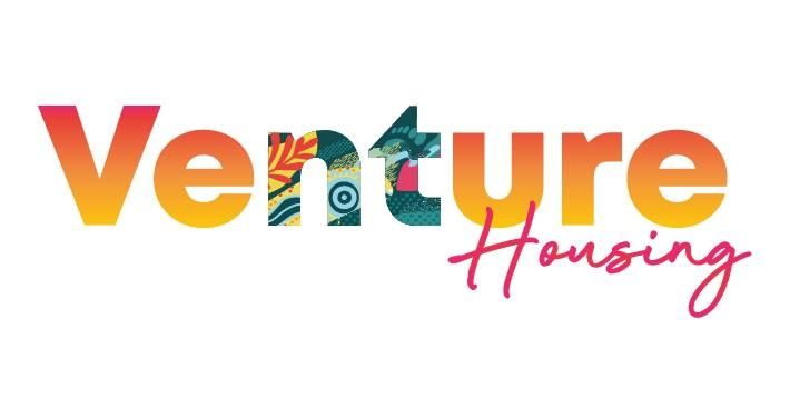 The Venture Housing logo in orange-to-yellow gradient, with patterned 'u' and 't' letters and script font text below.