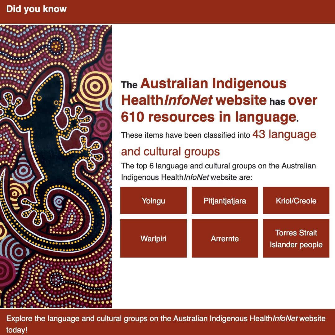 Infographic showing the Australian Indigenous HealthInfoNet website has 610+ resources in 43 language and cultural groups.